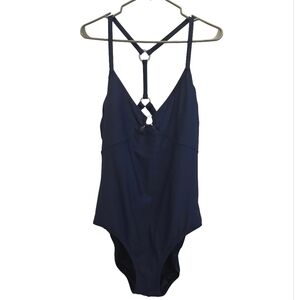 Lands' End Navy Blue One-Piece Swimsuit Silver Ring Accent Y Back Straps Size 14